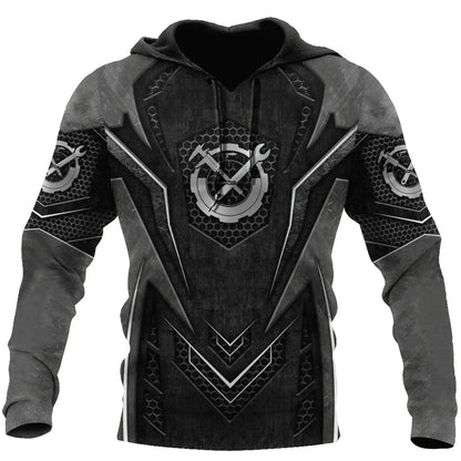 Herren Kapuzenpullover Mechanic Maschinenmotiv Hoodie Schwarz Grau