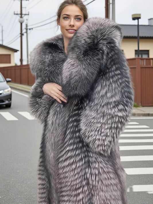 Damen Faux-Pelz-Mantel mit Kapuze, langer Schnitt, Grau-Schwarz
