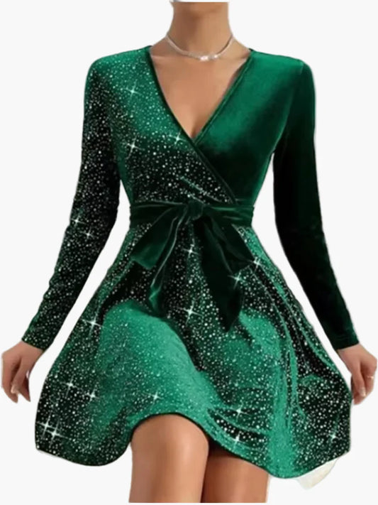 Vestido de cóctel festivo para mujer con brillo y lazo – Vestido de fiesta elegante con escote en V, manga larga y falda acampanada