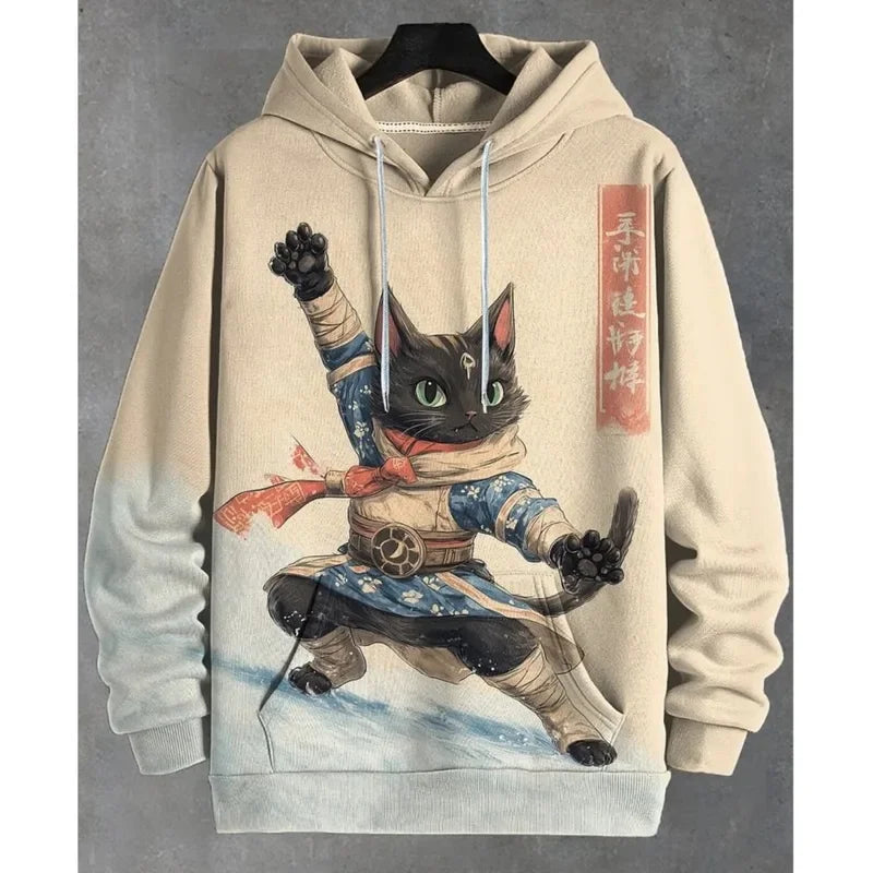 Unisex Kapuzenpullover mit Katzen-Motiv Print Kängurutasche