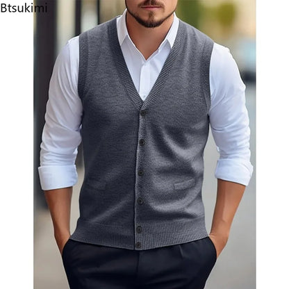 Gilet da uomo lavorato a maglia, con scollo a V, abbottonatura, grigio scuro e senza maniche