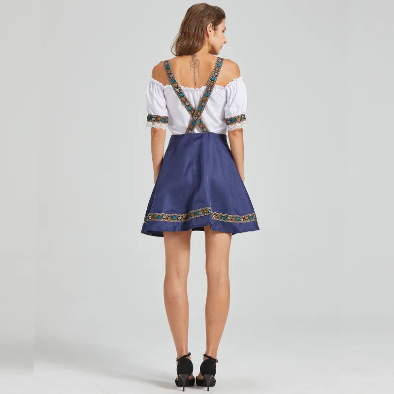Damska sukienka dirndl w kolorze białym i granatowym, z haftem, z odkrytymi ramionami, z paskami i spódnicą