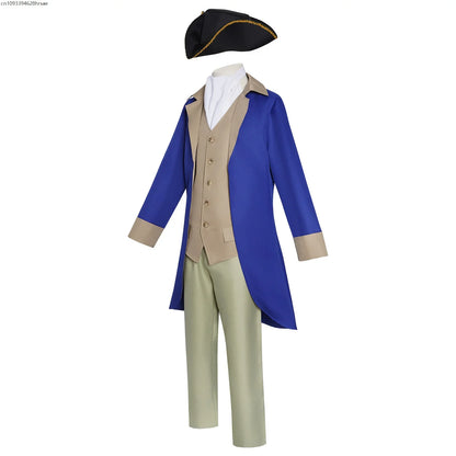 Herren Historisches Kostüm Set Blau Beige Mantel Weste Hose Hut