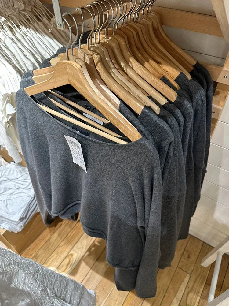 Damen Cropped Pullover Weit Geschnitten Langarm U-Boot-Ausschnitt