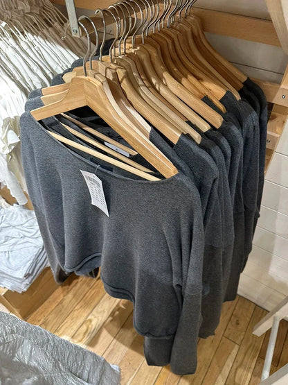 Damen Cropped Pullover Weit Geschnitten Langarm U-Boot-Ausschnitt