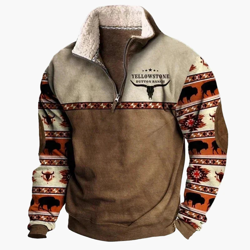 Herren Pullover im Western Ethno-Stil mit Viertelreißverschluss – Perfekt für Freizeit und Outdoor