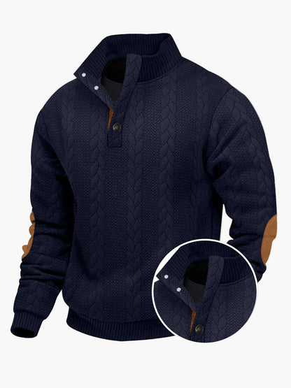 Męski sweter z dzianiny ze stójką, modnym warkoczowym wzorem i łatami na łokciach – Swobodny sweter outdoor na co dzień i czas wolny