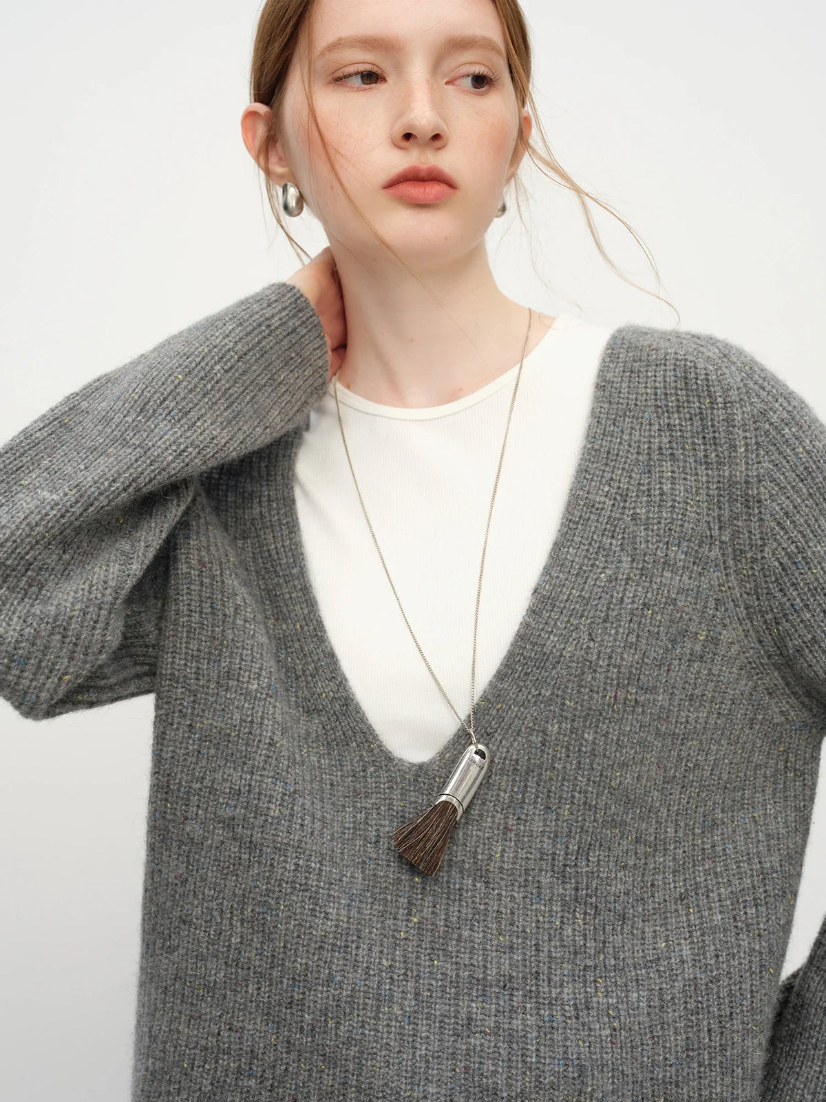 Damen Strickpullover mit tiefem V-Ausschnitt, gerippt, Langarm, meliert