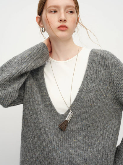 Damen Strickpullover mit tiefem V-Ausschnitt, gerippt, Langarm, meliert