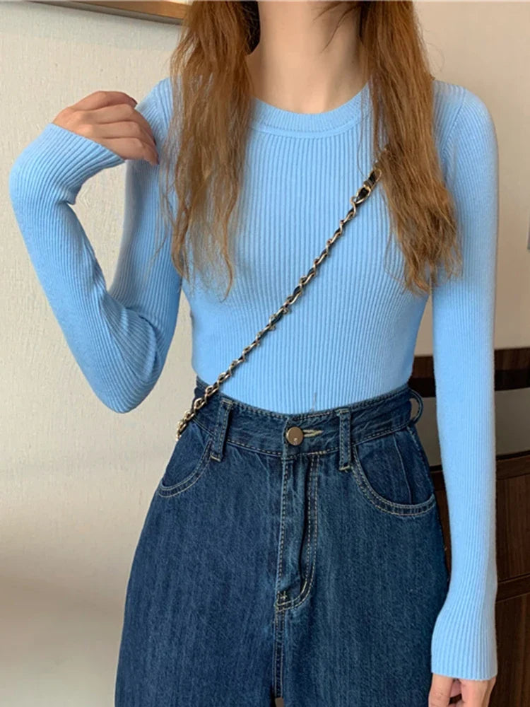 Pullover a maniche lunghe da donna, a coste, girocollo, top in vari colori