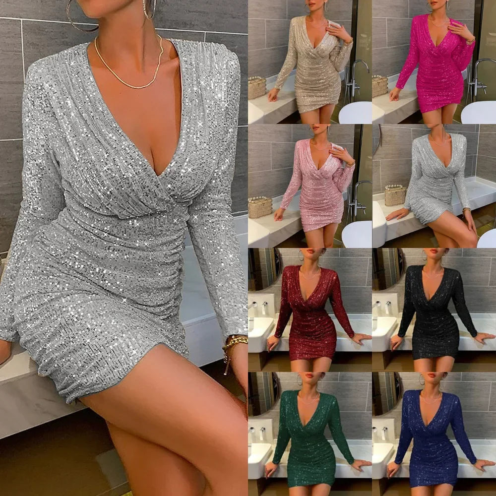 Abito da festa da donna con paillettes e scollo a V profondo – Elegante minidress per occasioni festive e clubbing