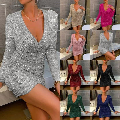 Abito da festa da donna con paillettes e scollo a V profondo – Elegante minidress per occasioni festive e clubbing