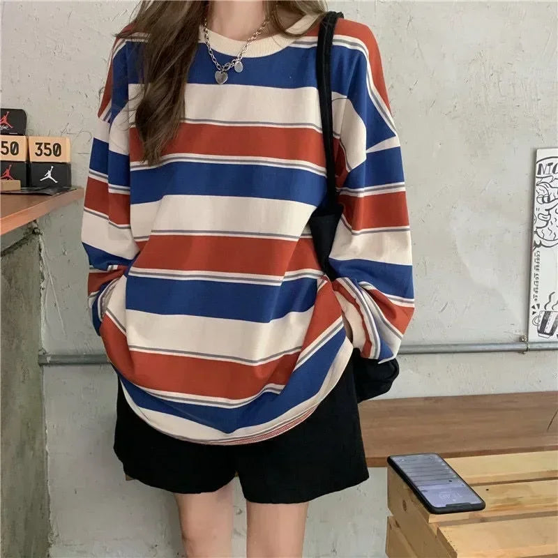 Gestreiftes Langarmshirt Damen Oversize Rundhals Mehrfarbig