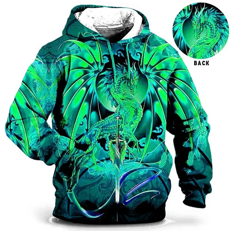 Felpa unisex con cappuccio e motivo a drago, maniche lunghe, blu