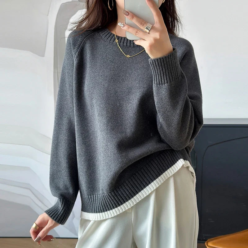 Damen Pullover Rundhals Rippbündchen Strick