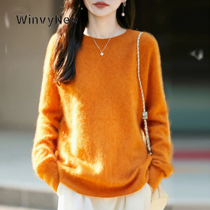 Pullover da donna in maglia, a girocollo, a maniche lunghe, morbido