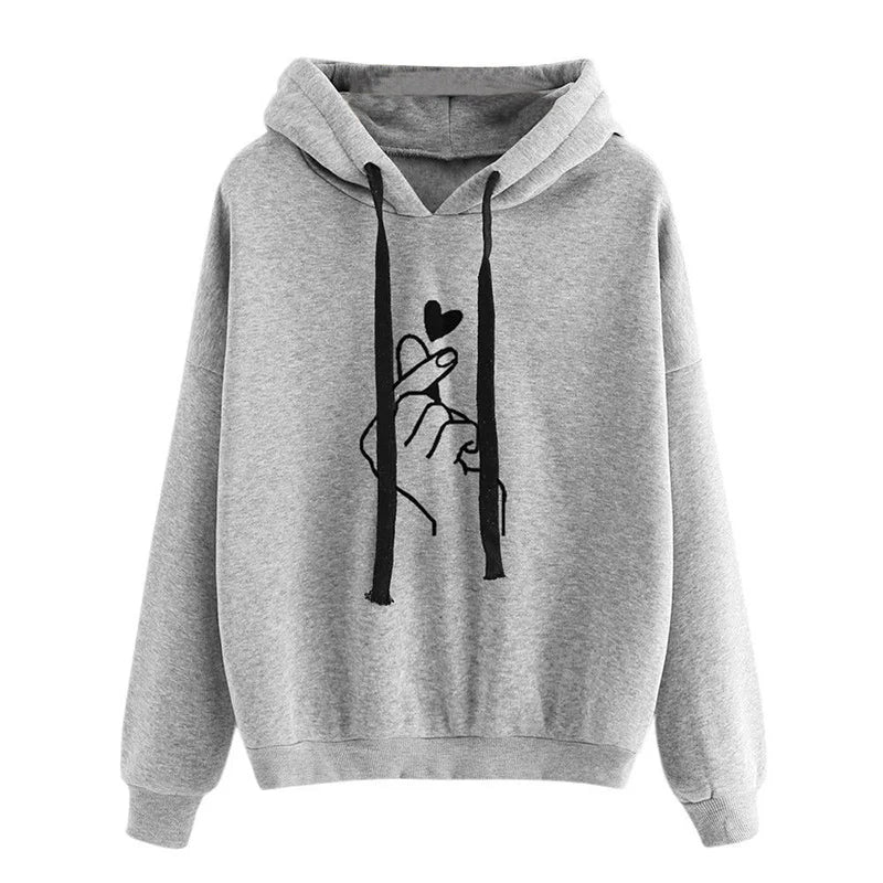 Dameshoodie geel met 'vingerhart'-print, capuchon en trekkoord