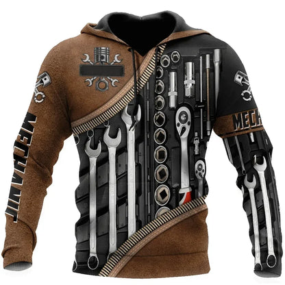 Herren Kapuzenpullover Mechanic Maschinenmotiv Hoodie Schwarz Grau