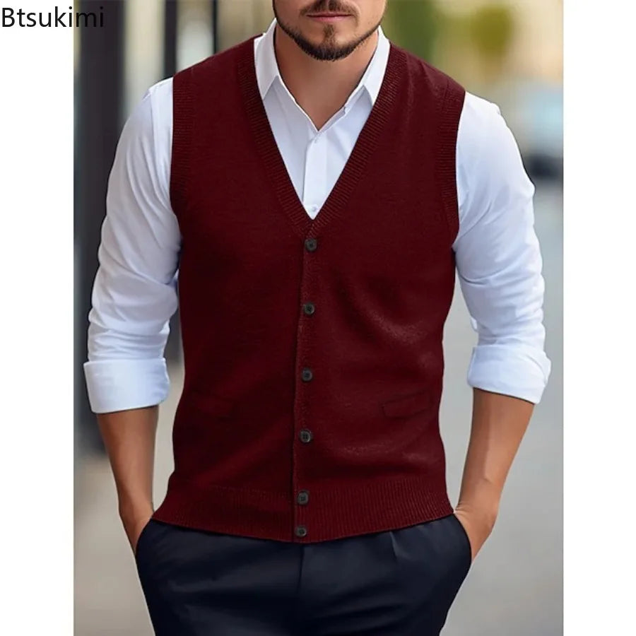Gilet da uomo lavorato a maglia, con scollo a V, abbottonatura, grigio scuro e senza maniche