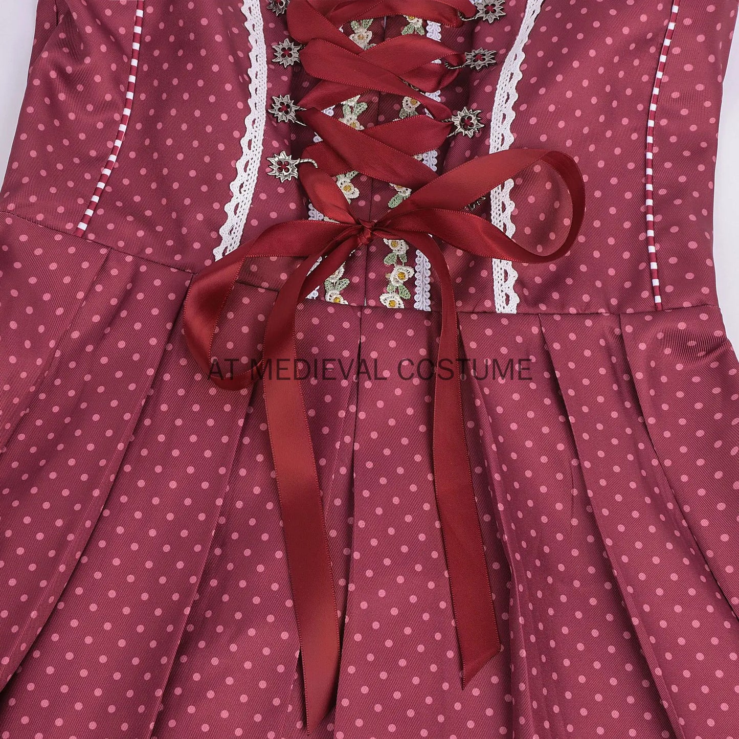 Dirndl Trachtenkleid für Damen, Weinrot mit weißer Bluse und Schürze, kariert/gepunktet