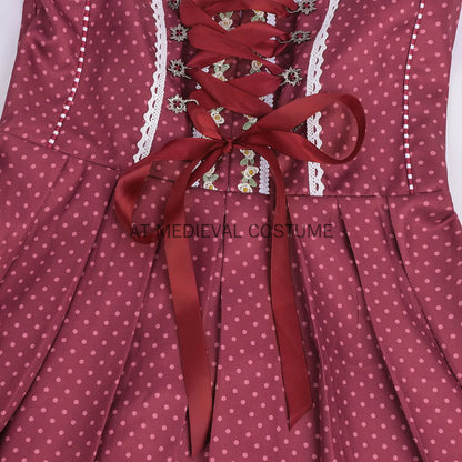 Dirndl Trachtenkleid für Damen, Weinrot mit weißer Bluse und Schürze, kariert/gepunktet