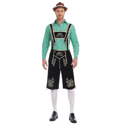 Herren Trachten Lederhose mit Hemd und Hosenträgern Geringeltes Karo-Muster