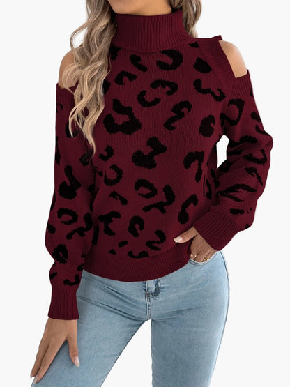 Dames Trui met cut-out schouders en luipaardprint – Trendy vrijetijdsgebreide trui