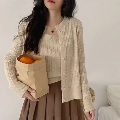 Damen Strick Cardigan & Top Set Zopfmuster Rundhals