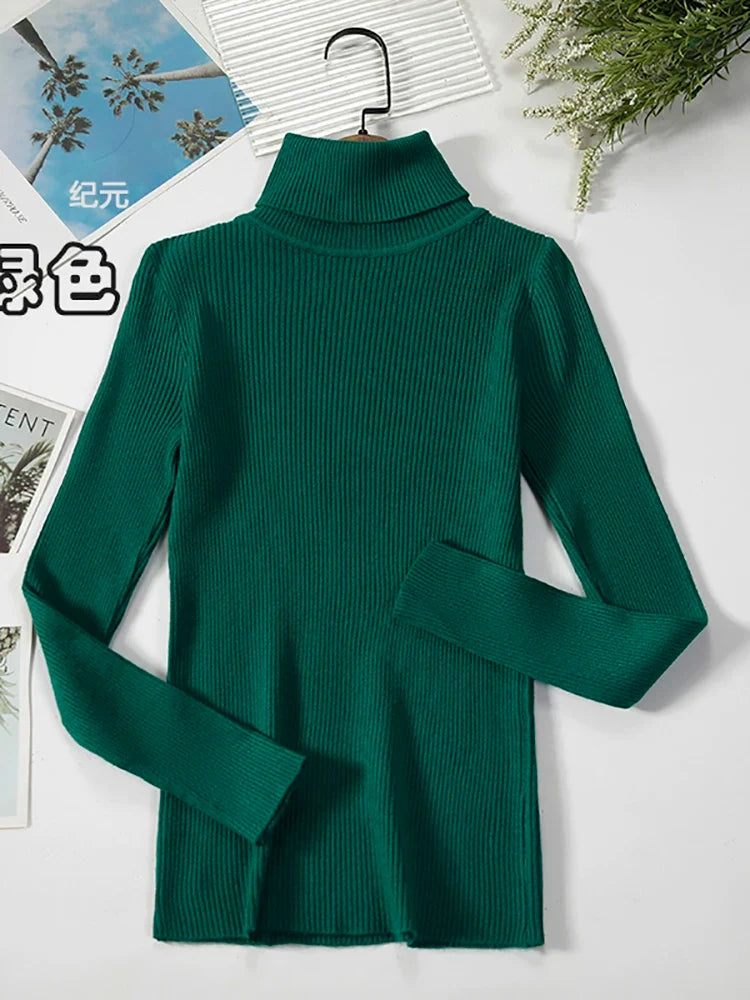 Damen Rollkragenpullover Rippstrick Langarm Eng Anliegend