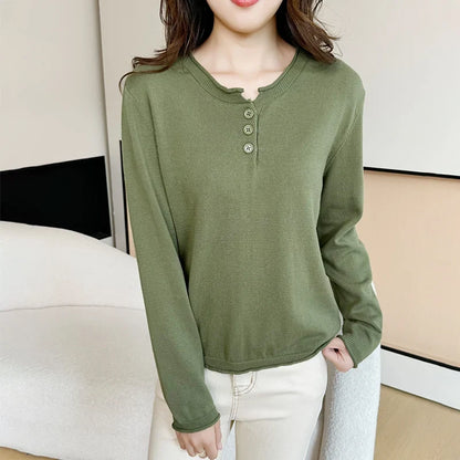 Damen Langarmshirt mit Knopfleiste, V-Ausschnitt, Feinstrick
