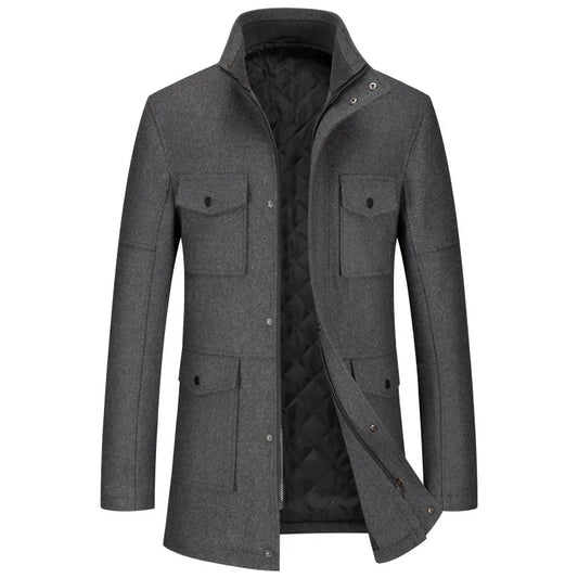 Herren Winterjacke Stehkragen Kurzmantel Kariertes Innenfutter Grau