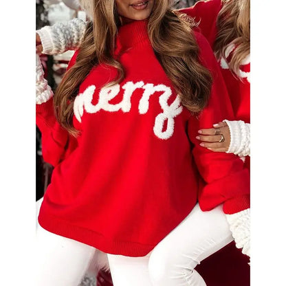 Czerwony damski sweter z dzianiny z haftem „merry” i stójką