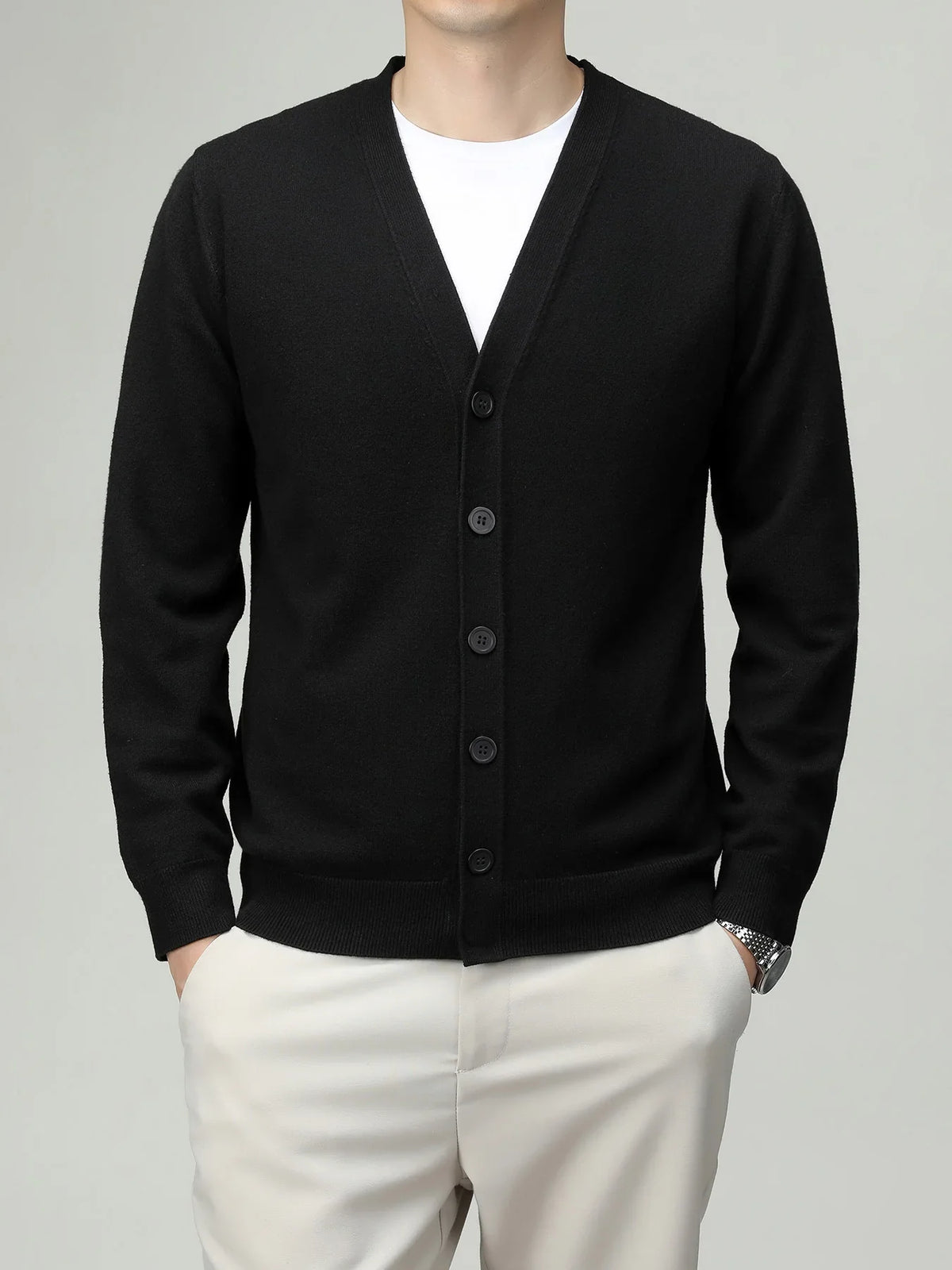 Herren Strickjacke V-Ausschnitt Knopfleiste Cardigan Langarm Rippbündchen