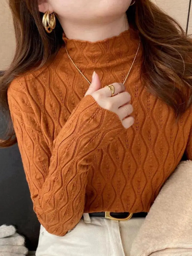 Damen Stehkragen Strickpullover Langarm Strukturmuster Grau