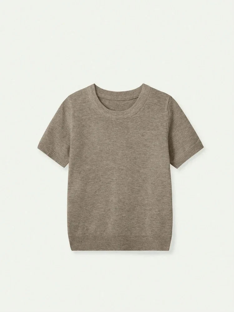 Damen Kurzarm Strickpullover Rundhals Weiches Material