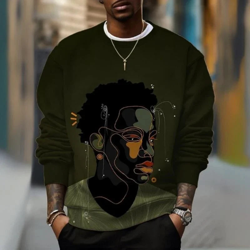 Unisex Sweatshirt mit Afrikakarten- und Augen-Print, Rundhals, Langarm