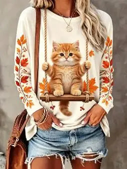 Damen Langarmshirt mit Tier- und Herbstlaub-Print