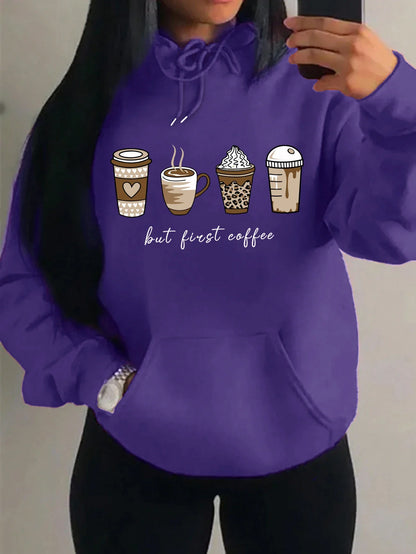 Damen Hoodie mit Kaffeebecher-Print "but first coffee" und Kängurutasche