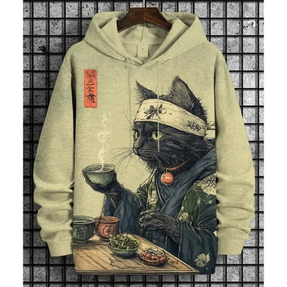 Unisex Kapuzenpullover mit Katzen-Motiv Print Kängurutasche