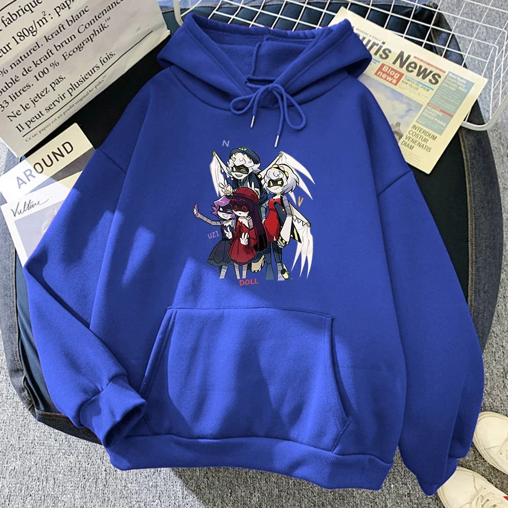 Sudadera unisex con capucha, estampado de personajes y bolsillo canguro