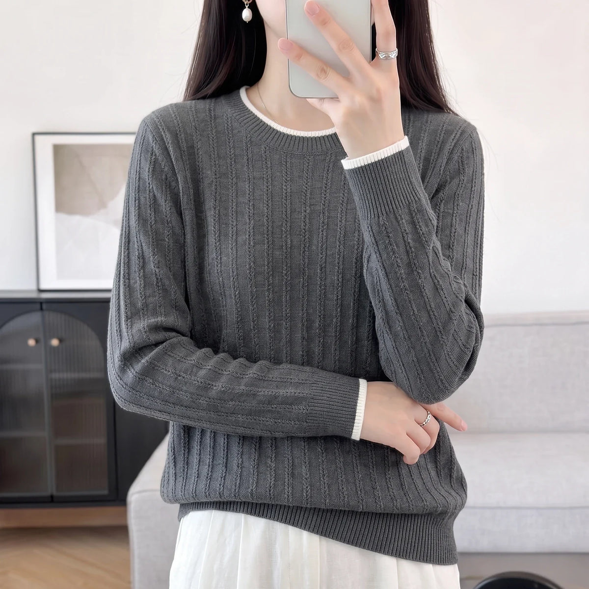 Damen Pullover Langarm Rundhals Feinstrick