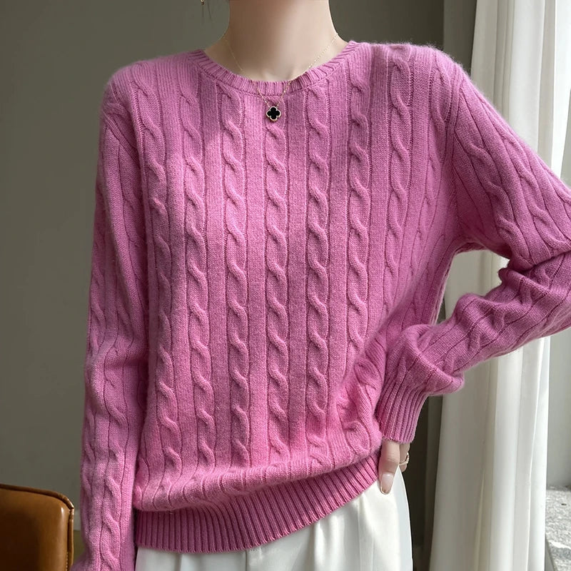 Dame-kabelstriksweater med rund hals og lange ærmer