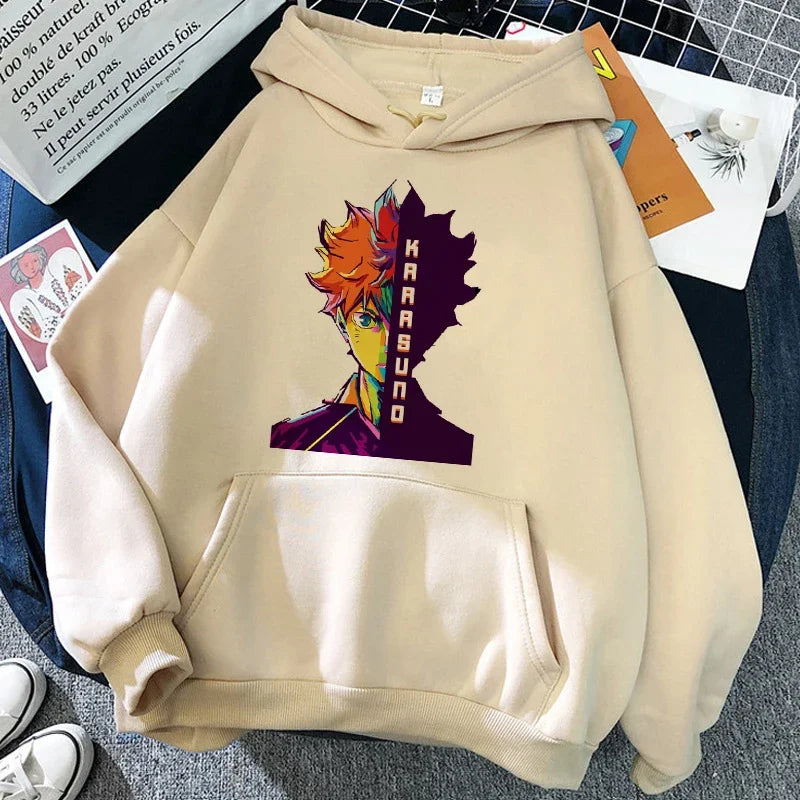 Felpa unisex con cappuccio e stampa anime - beige chiaro "Karasuno Volleyball Club"