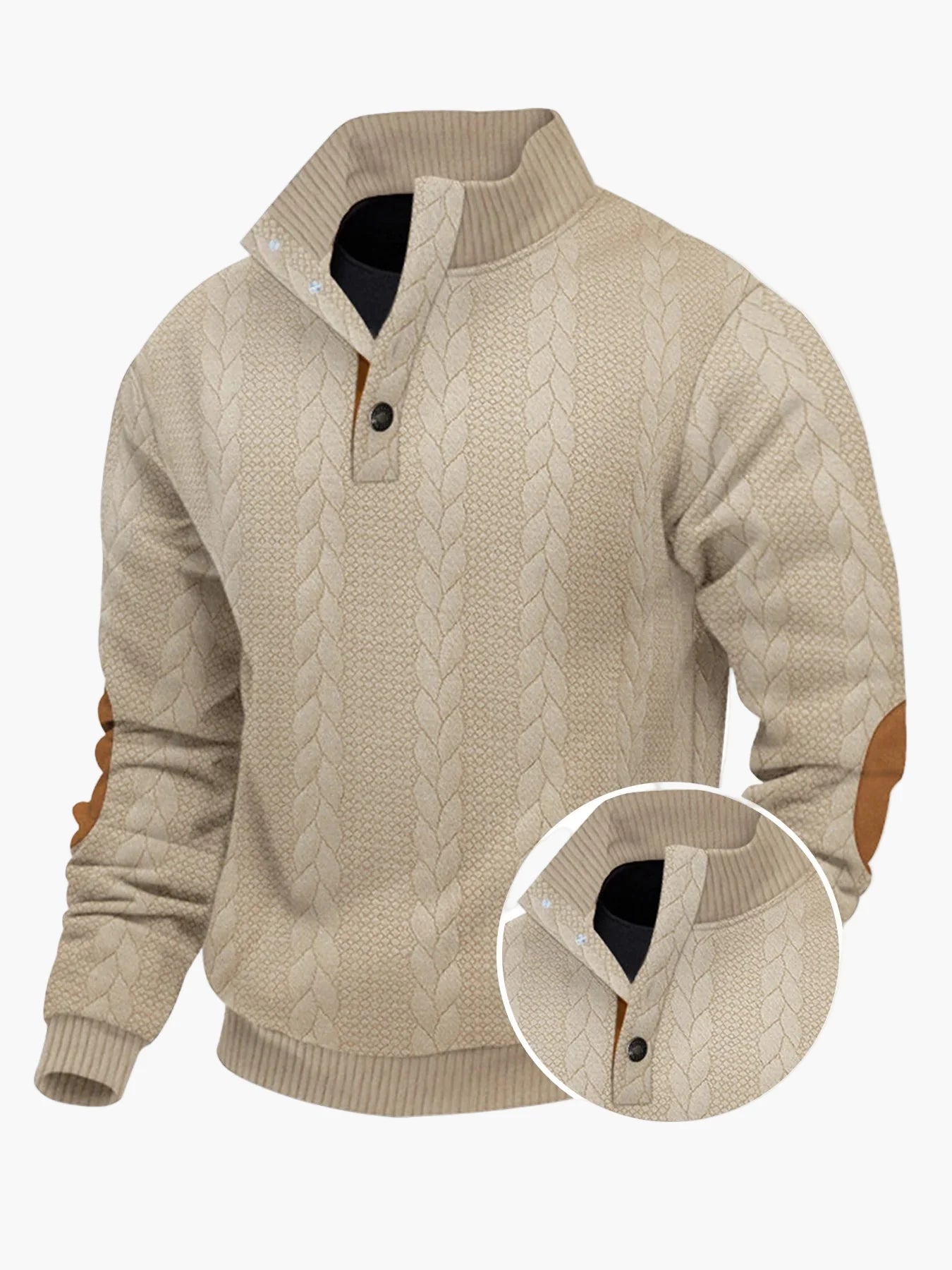 Męski sweter z dzianiny ze stójką, modnym warkoczowym wzorem i łatami na łokciach – Swobodny sweter outdoor na co dzień i czas wolny