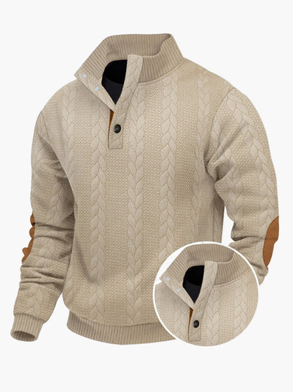 Męski sweter z dzianiny ze stójką, modnym warkoczowym wzorem i łatami na łokciach – Swobodny sweter outdoor na co dzień i czas wolny