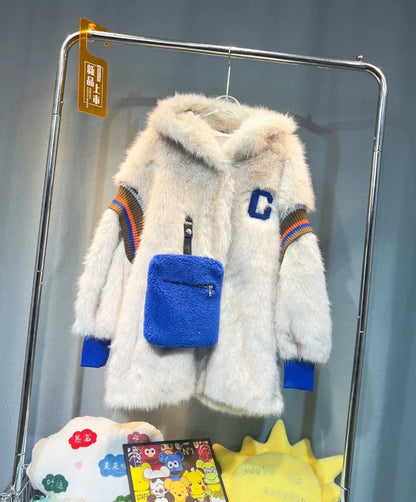 Unisex-vinterjakke med hætte, beige plys i teddystil med blå detaljer