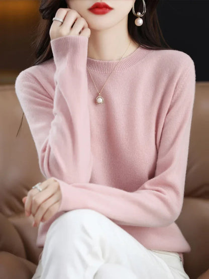 Damen Pullover Rundhals Langarm Strickpullover Einfarbig