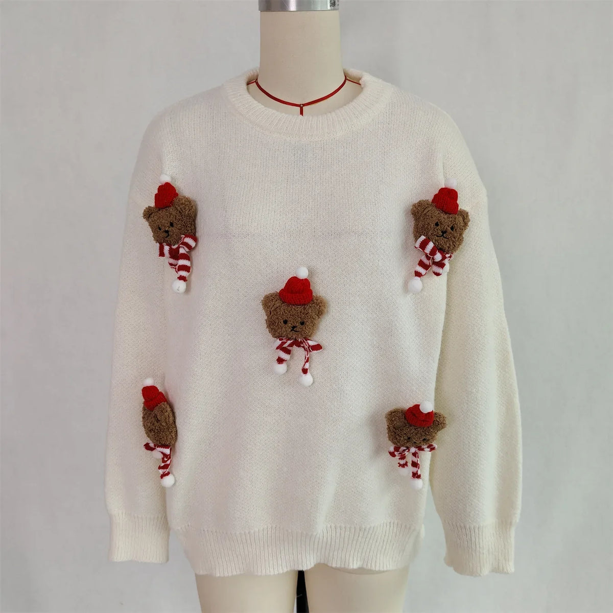 Weihnachtspullover mit Teddybär-Applikationen Rot Rundhalsausschnitt Damen
