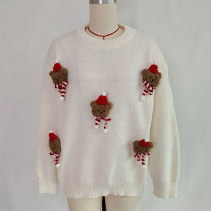 Weihnachtspullover mit Teddybär-Applikationen Rot Rundhalsausschnitt Damen