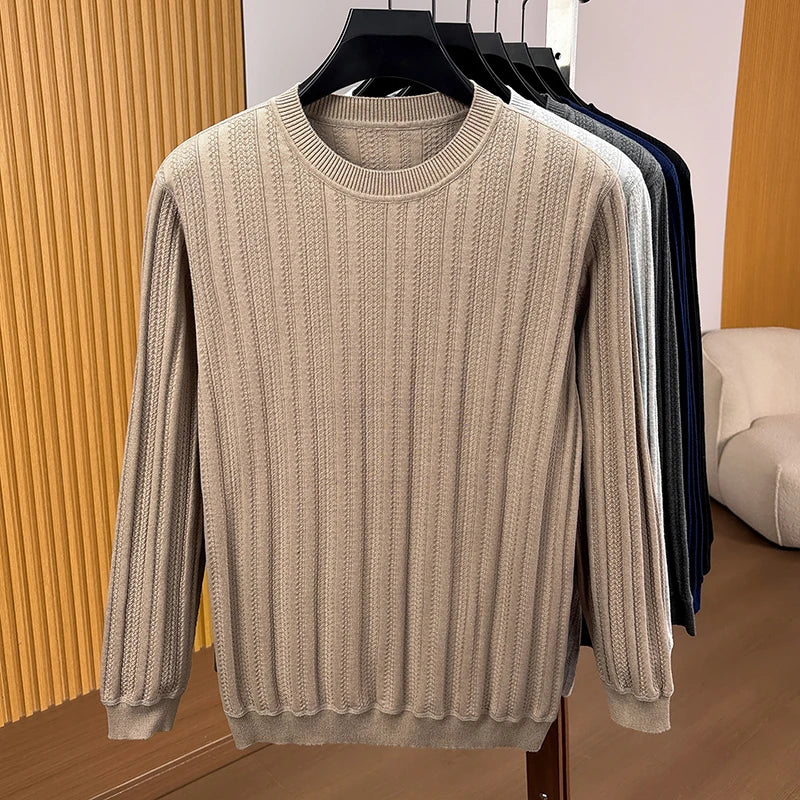 Maglione da uomo in maglia a girocollo, maniche lunghe, a coste fini strutturate, grigio